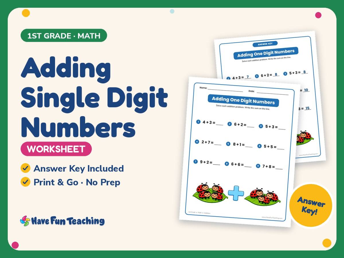 Adding Single Digit Numbers Worksheet – 1st Grade Addition Practice preview