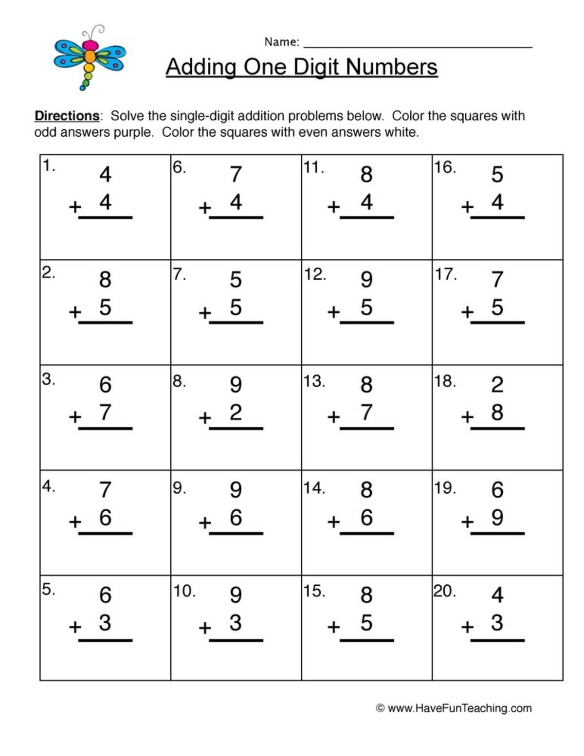 An educational teaching resource from Have Fun Teaching entitled Adding Single Digit Numbers Worksheet downloadable at Teach Simple.