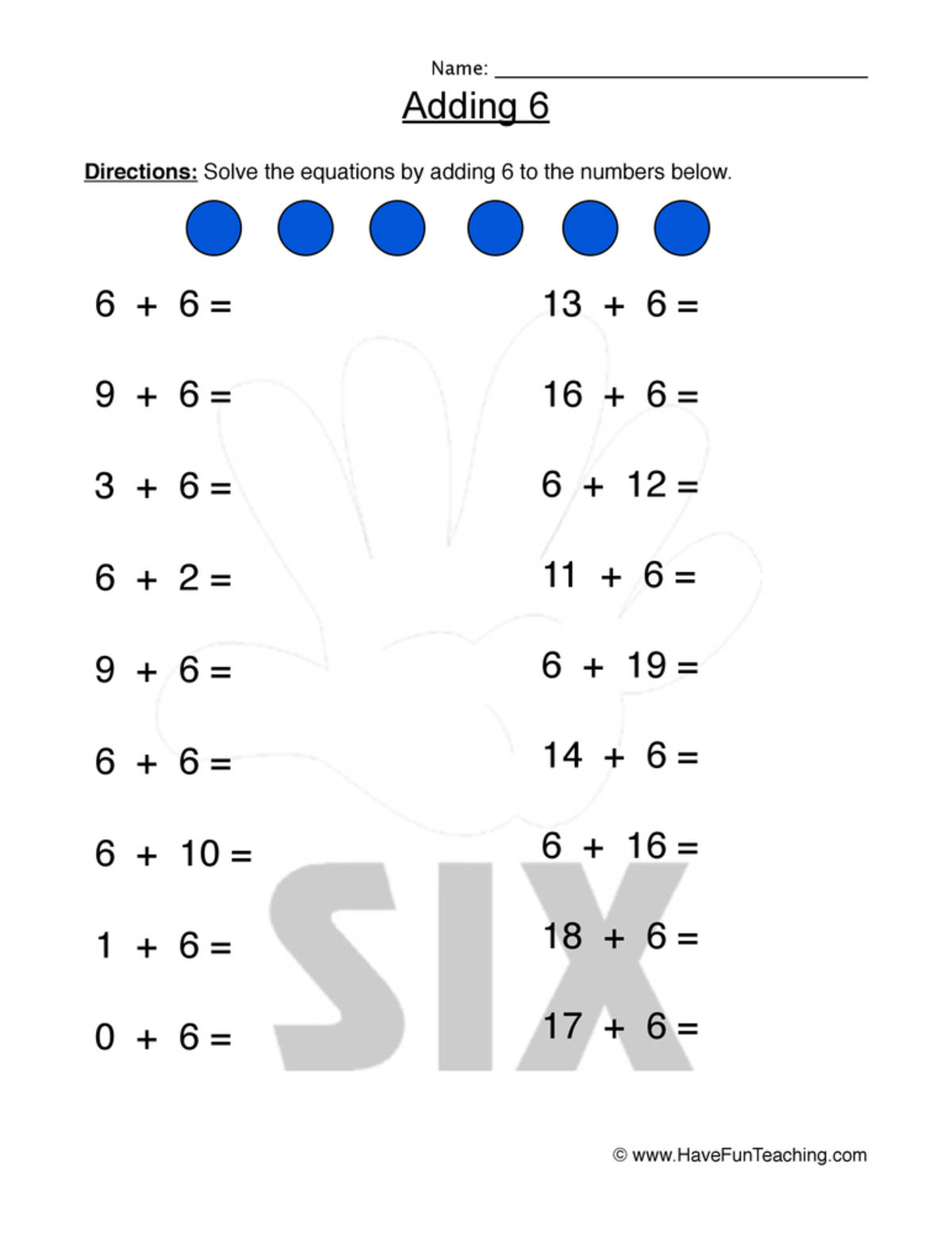 An educational teaching resource from Have Fun Teaching entitled Adding Six Equations Worksheet downloadable at Teach Simple.