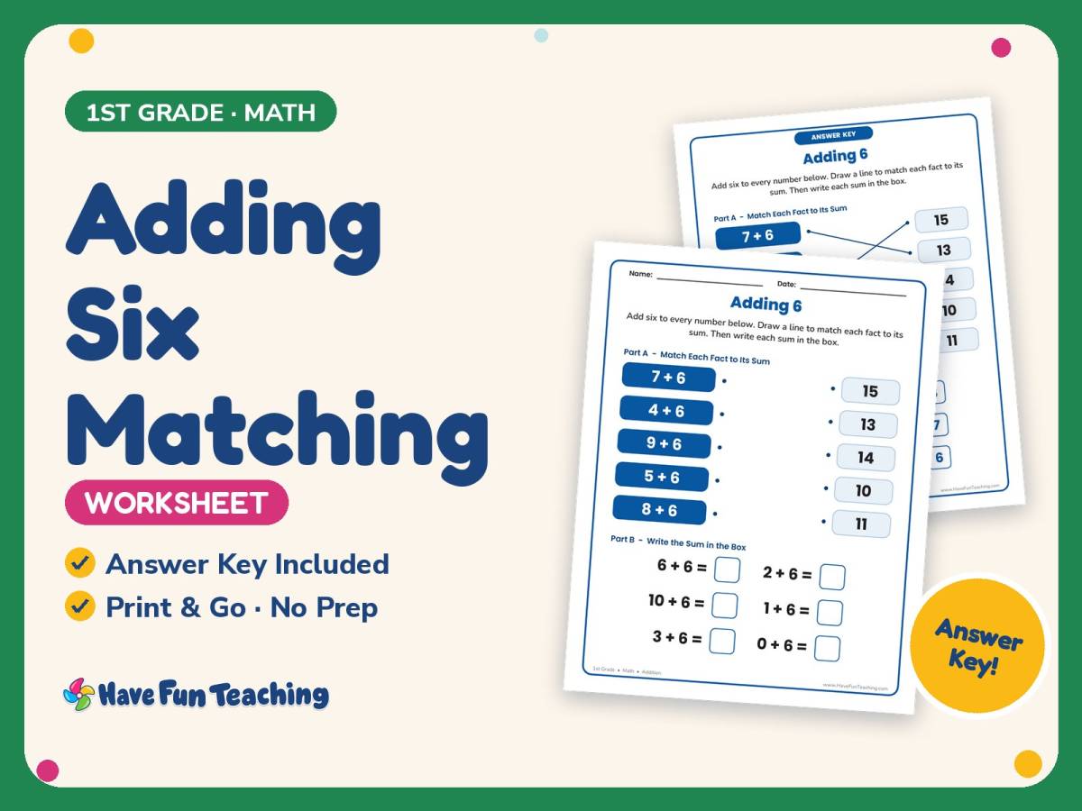 Adding Six Matching Worksheet – 1st Grade Addition Practice preview