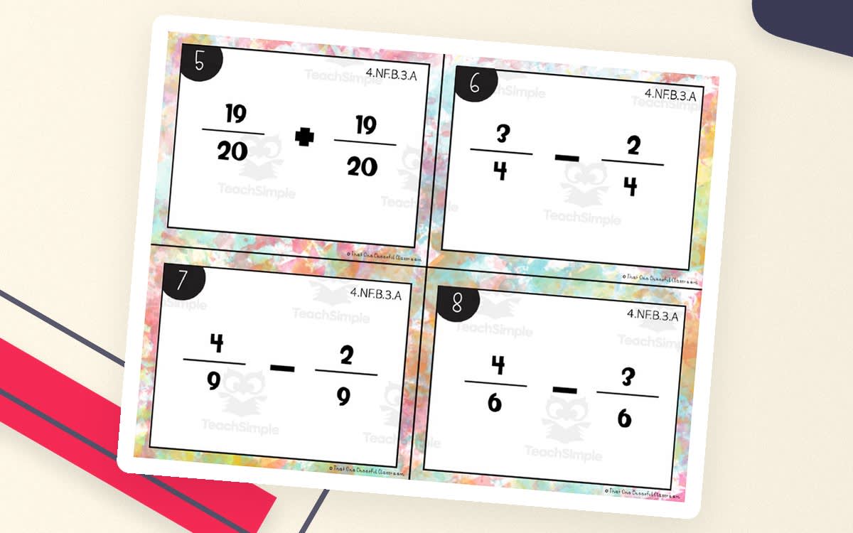 An educational teaching resource from That One Cheerful Classroom entitled Adding + Subtracting Fractions & Mixed Numbers Task Cards downloadable at Teach Simple.