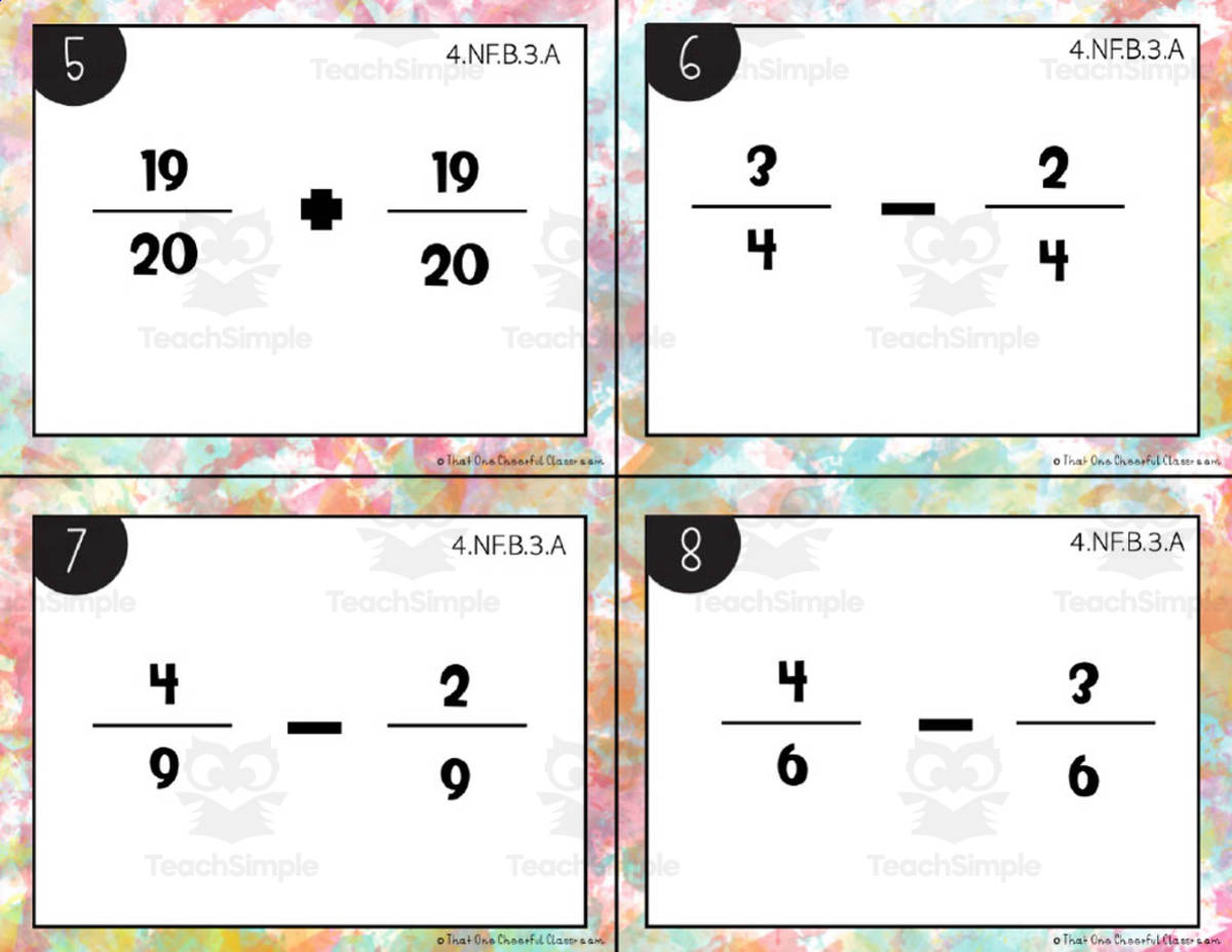 An educational teaching resource from That One Cheerful Classroom entitled Adding + Subtracting Fractions & Mixed Numbers Task Cards downloadable at Teach Simple.