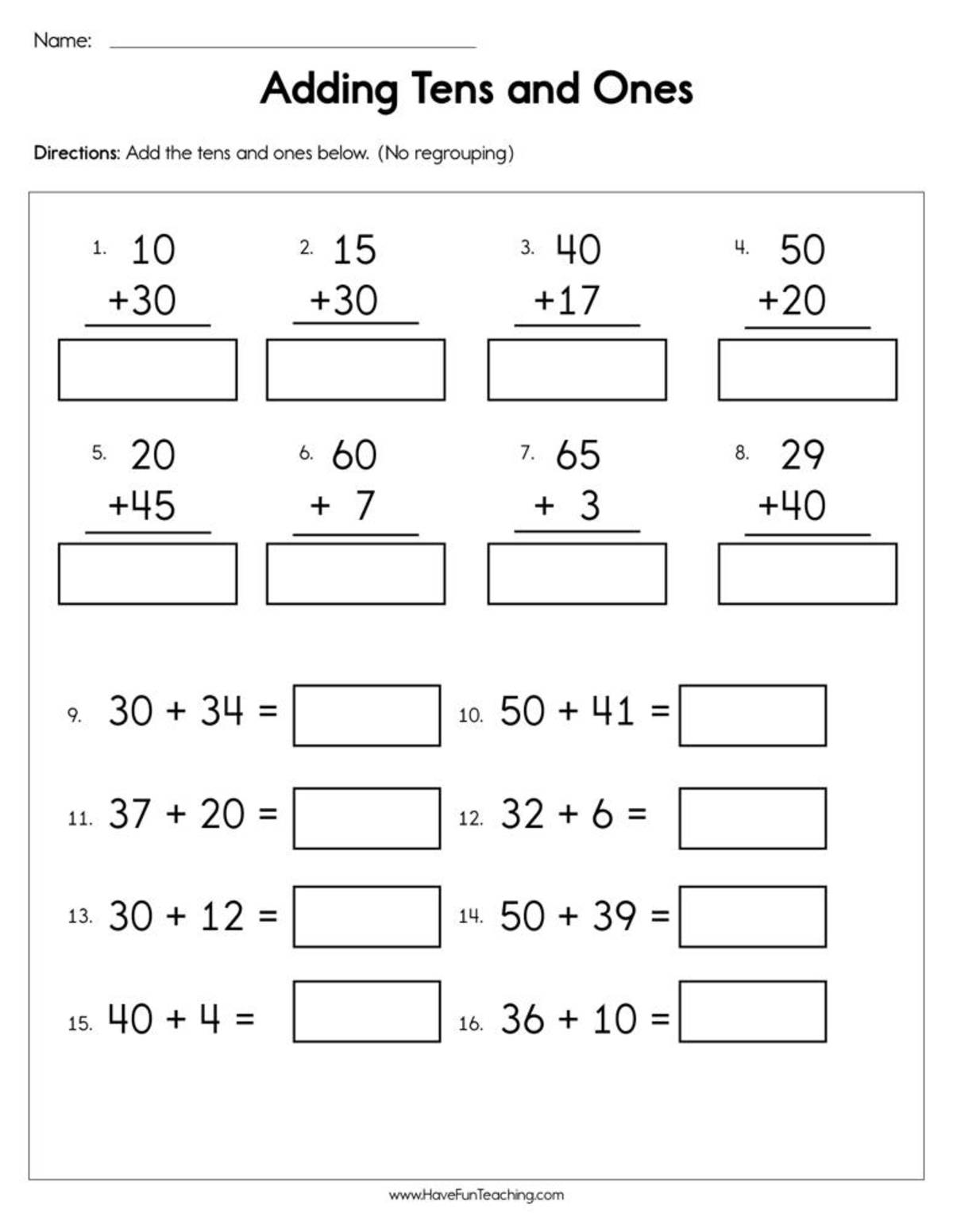 An educational teaching resource from Have Fun Teaching entitled Adding Tens and Ones Worksheet downloadable at Teach Simple.