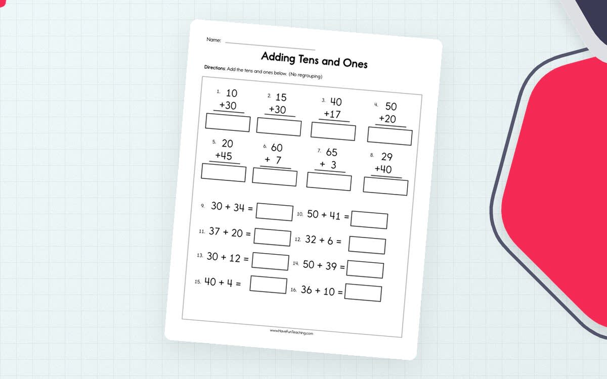 An educational teaching resource from Have Fun Teaching entitled Adding Tens and Ones Worksheet downloadable at Teach Simple.
