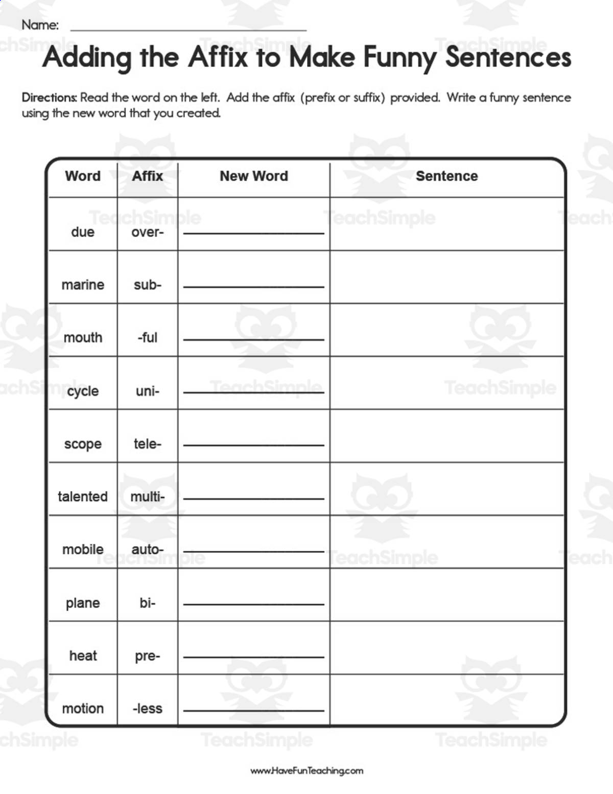 An educational teaching resource from Have Fun Teaching entitled Adding the Affix to Make Funny Sentences Worksheet downloadable at Teach Simple.