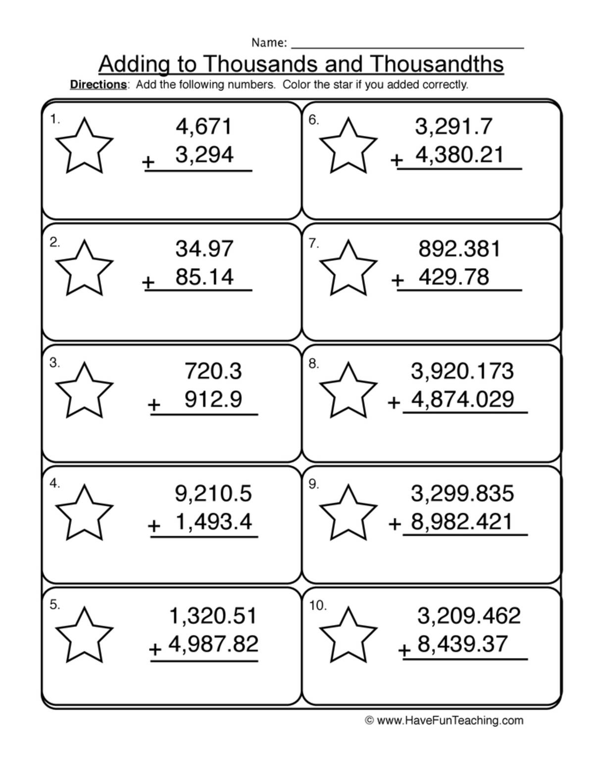 An educational teaching resource from Have Fun Teaching entitled Adding Thousands Thousandths Worksheet downloadable at Teach Simple.