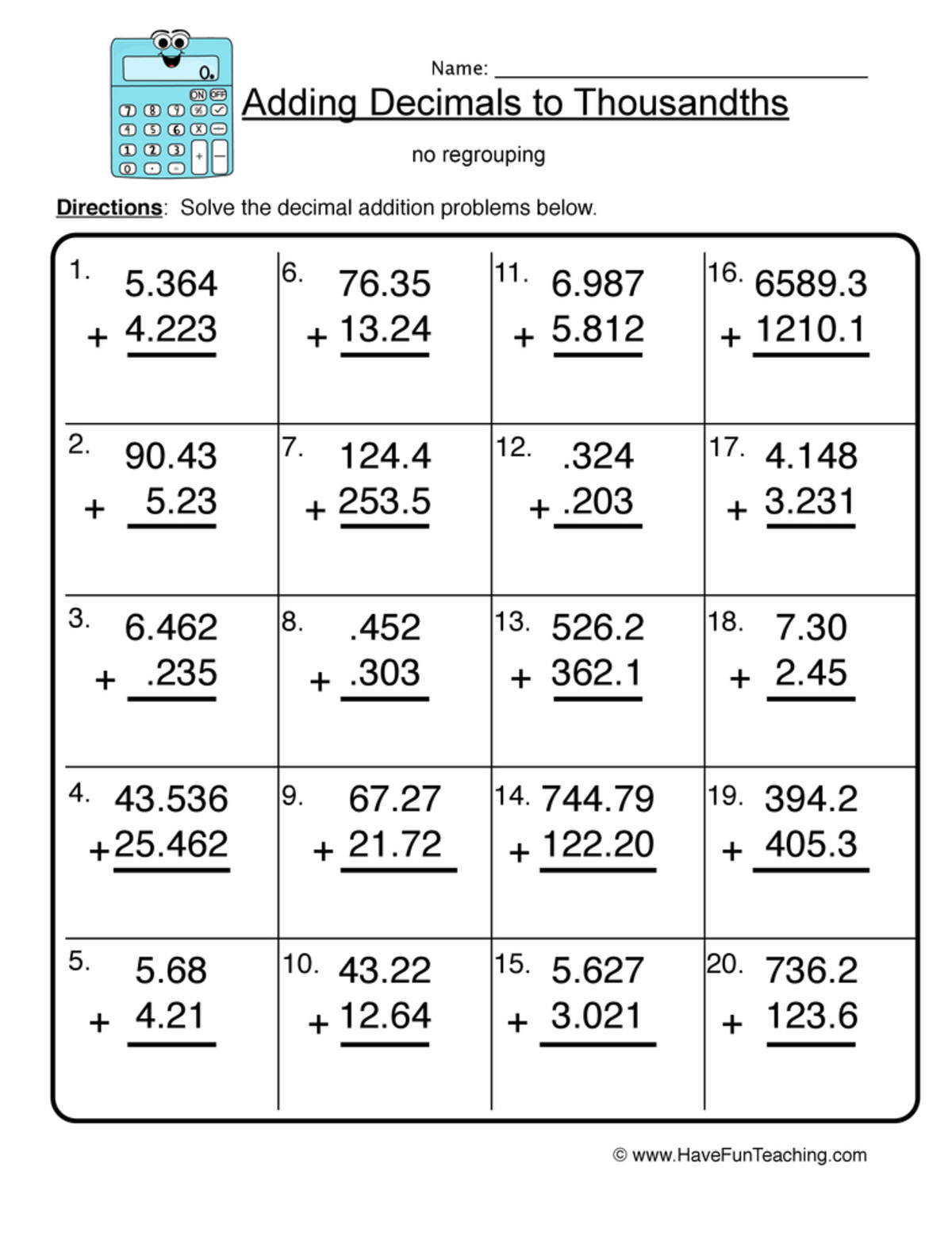 An educational teaching resource from Have Fun Teaching entitled Adding Thousandths Decimal Worksheet downloadable at Teach Simple.