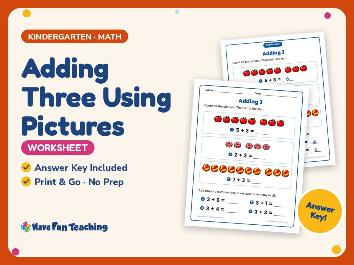 Adding Three Using Pictures Worksheet – Kindergarten Addition Practice preview