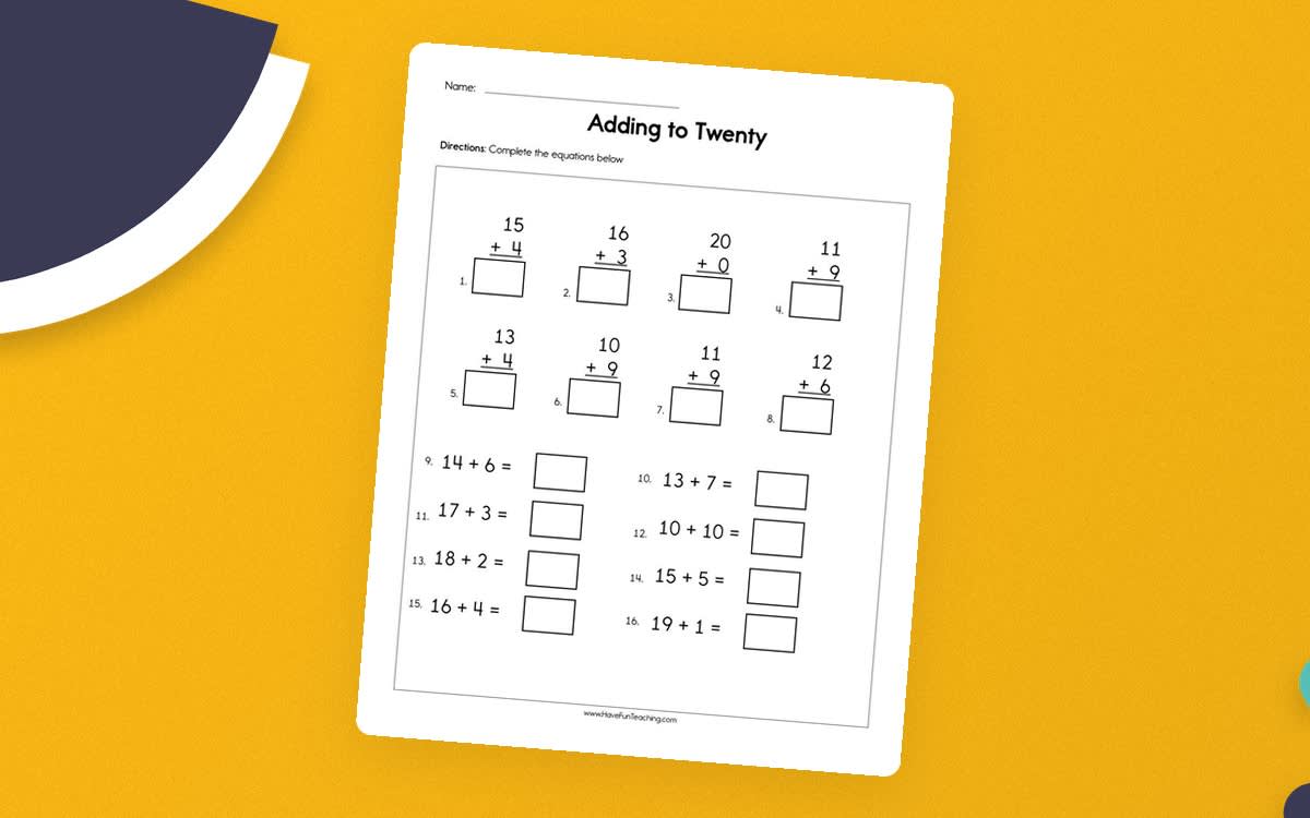 An educational teaching resource from Have Fun Teaching entitled Adding to 20 Worksheet downloadable at Teach Simple.