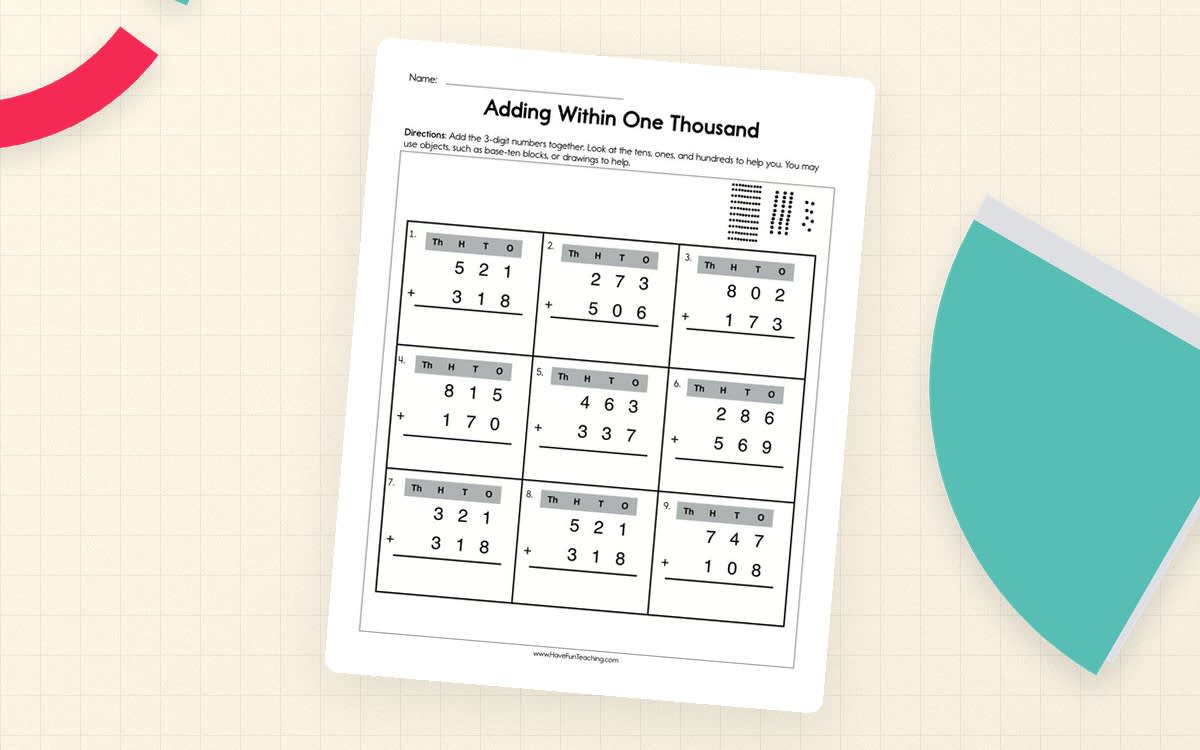 An educational teaching resource from Have Fun Teaching entitled Adding to One Thousand Worksheet downloadable at Teach Simple.
