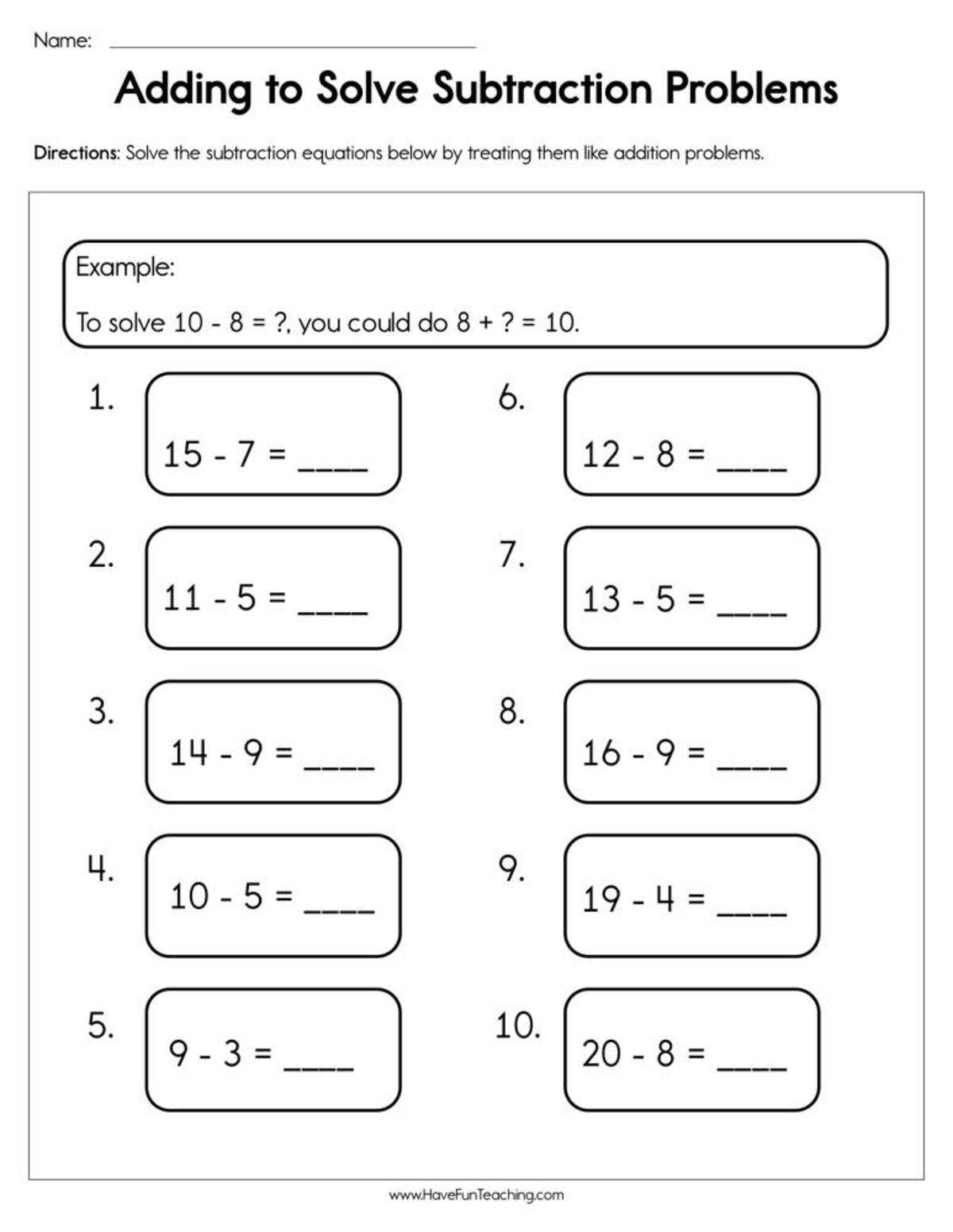 An educational teaching resource from Have Fun Teaching entitled Adding to Solve Subtraction Problems Worksheet downloadable at Teach Simple.