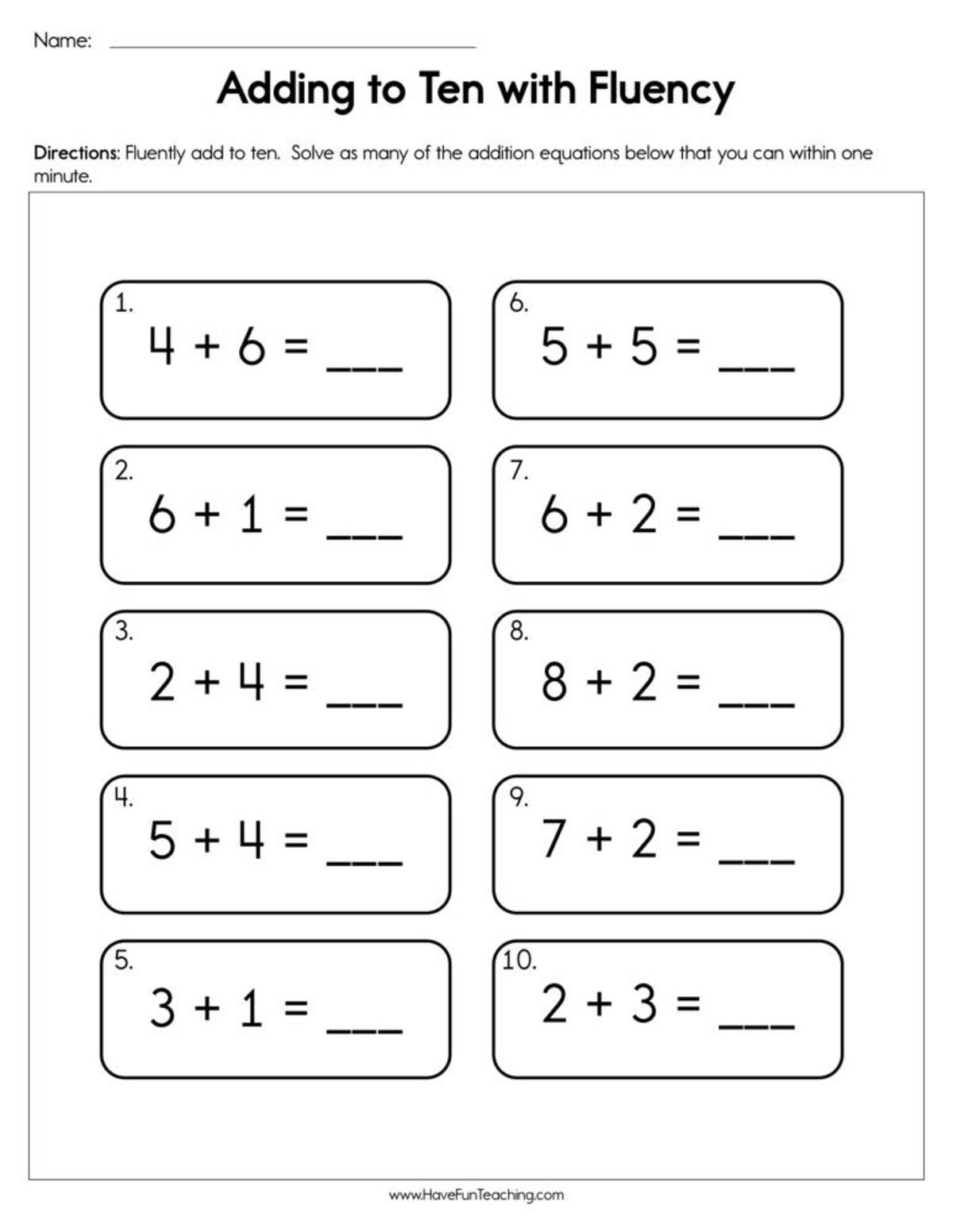 An educational teaching resource from Have Fun Teaching entitled Adding to Ten with Fluency Worksheet downloadable at Teach Simple.