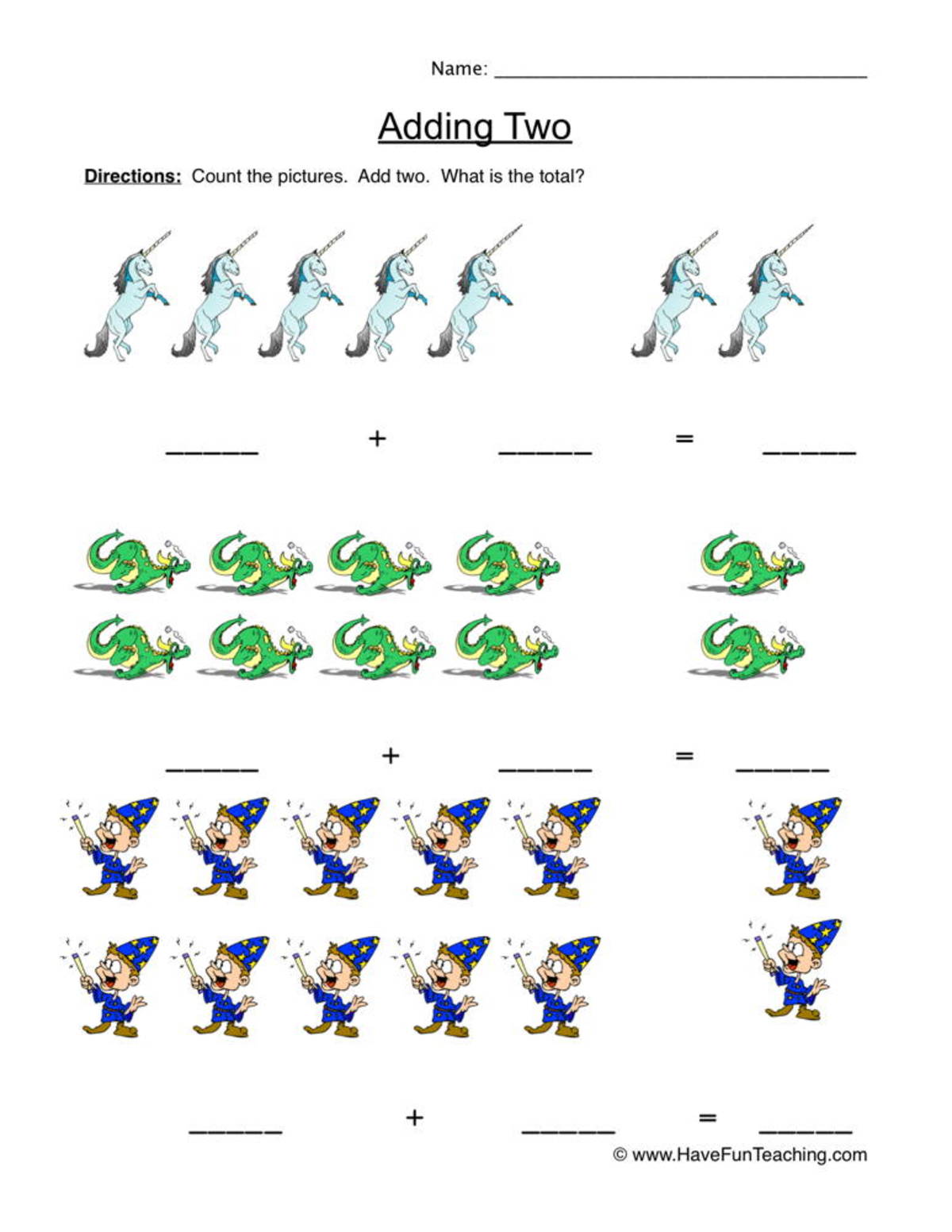 An educational teaching resource from Have Fun Teaching entitled Adding Two Count the Pictures Worksheet downloadable at Teach Simple.
