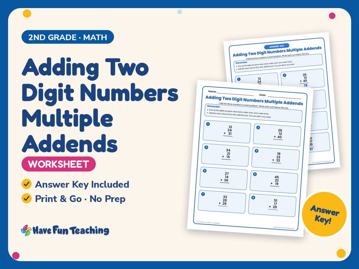 Adding Two Digit Numbers Multiple Addends Worksheet – 2nd Grade preview