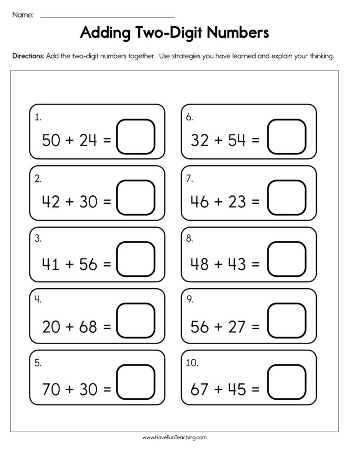 An educational teaching resource from Have Fun Teaching entitled Adding Two Digit Numbers Worksheet downloadable at Teach Simple.