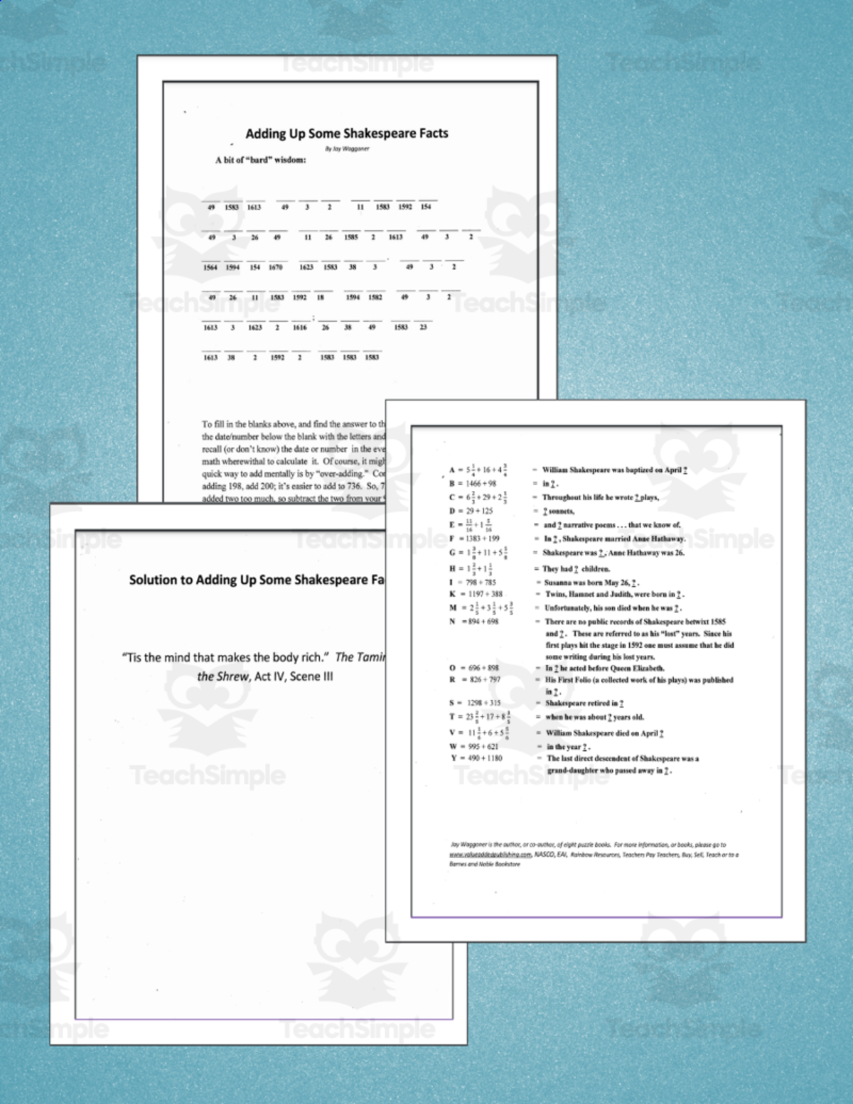 An educational teaching resource from Jay Waggoner entitled Adding Up Some Shakespeare Facts downloadable at Teach Simple.