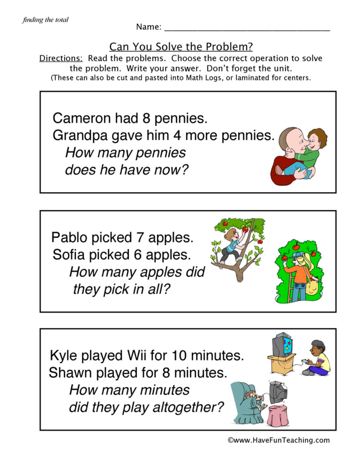 An educational teaching resource from Have Fun Teaching entitled Adding Word Problems Worksheet downloadable at Teach Simple.