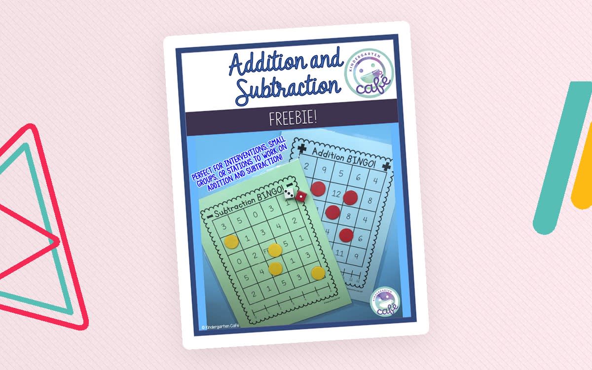 An educational teaching resource from Kindergarten Cafe entitled Addition and Subtraction Bingo downloadable at Teach Simple.
