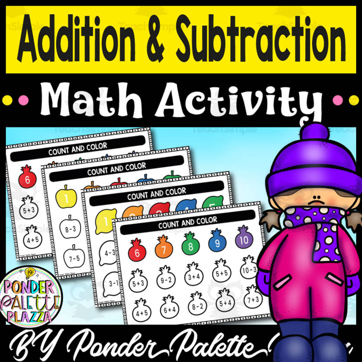 An educational teaching resource from Ponder Palette Plazza entitled Addition and Subtraction - Count and Color downloadable at Teach Simple.