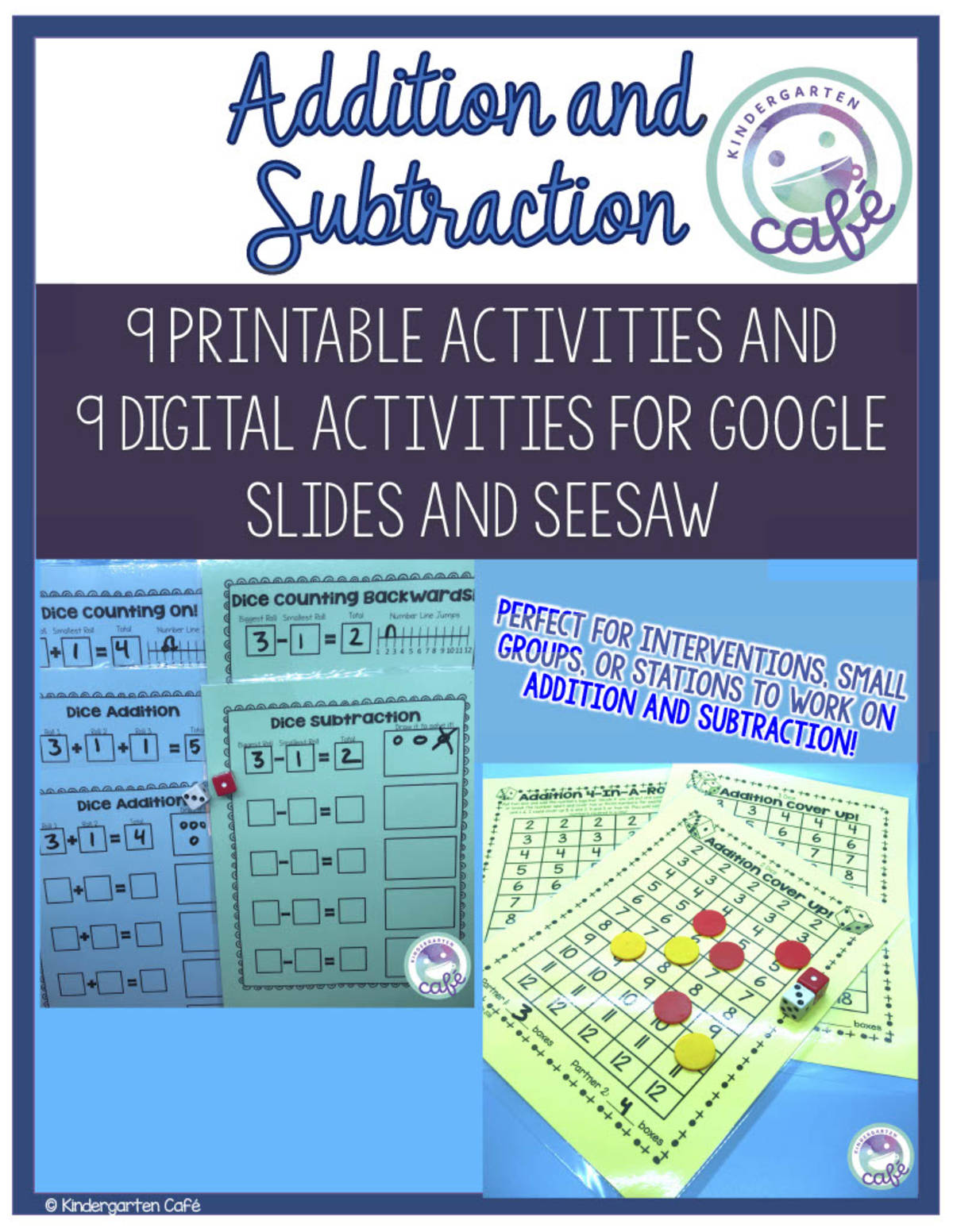 An educational teaching resource from Kindergarten Cafe entitled Addition and Subtraction: Printable and Digital Activity Bundle | Google Slides and Seesaw downloadable at Teach Simple.