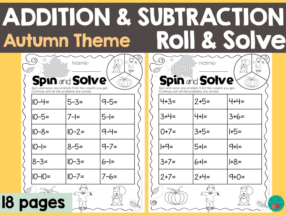 An educational teaching resource from Cherry Workshop entitled Addition and Subtraction Roll & Solve -Autumn Themed downloadable at Teach Simple.