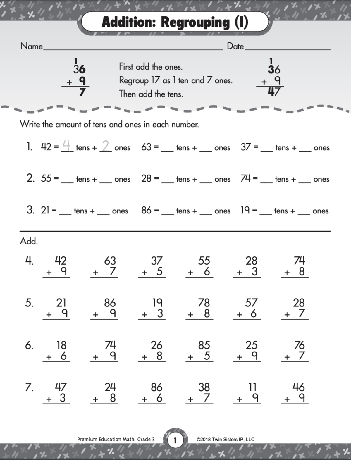 An educational teaching resource from Twin Sisters Digital Media entitled Addition and Subtraction: Single and 2-Digit Numbers With and Without Regrouping downloadable at Teach Simple.