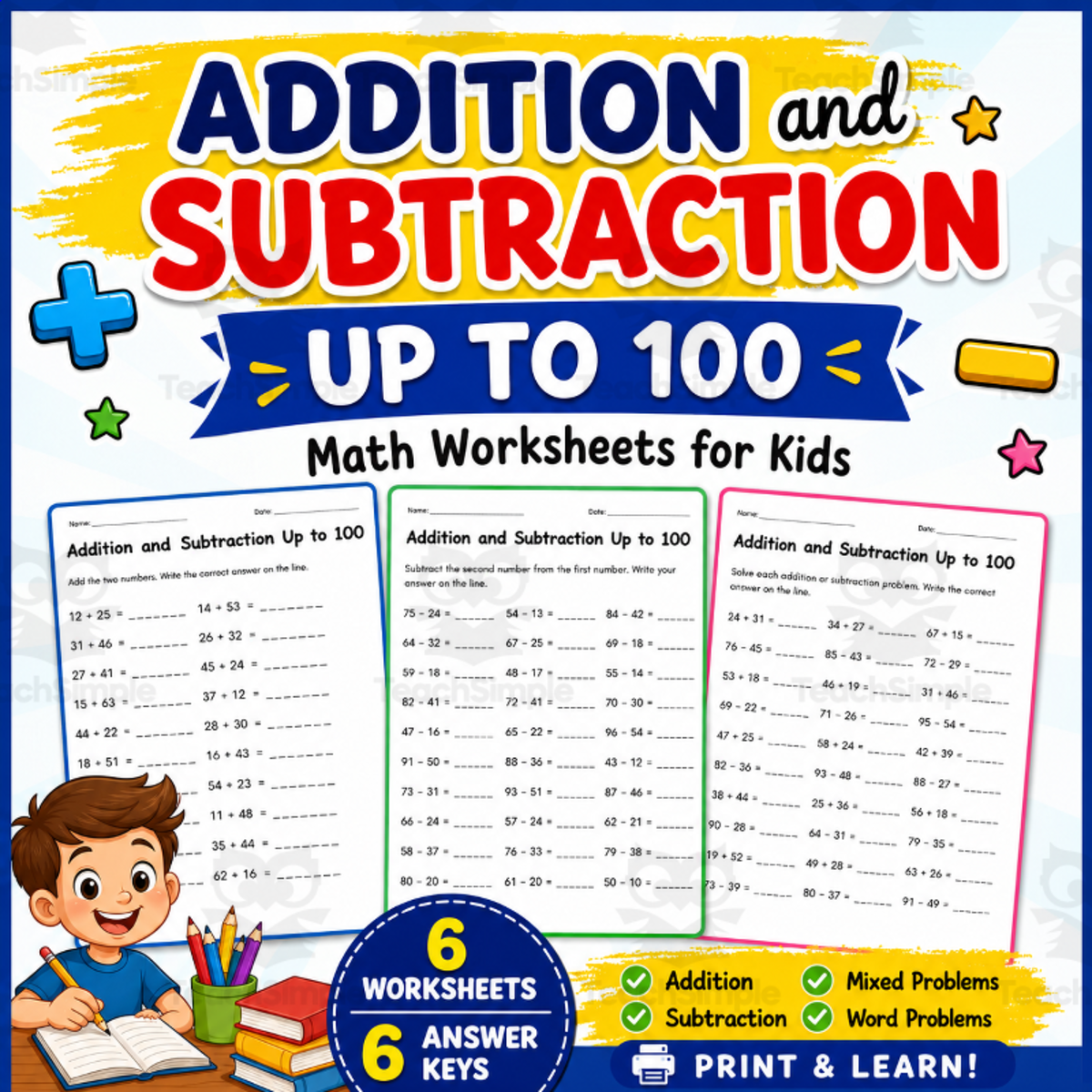 An educational teaching resource from Smart Learning Press entitled addition and subtraction up to 100 worksheets grade 1 downloadable at Teach Simple.