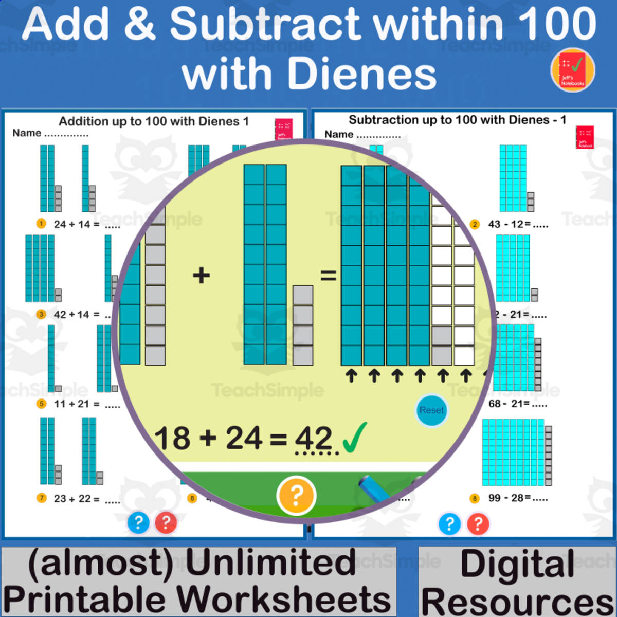 An educational teaching resource from Jeff's Notebooks entitled Addition and Subtraction with Dienes within 100 downloadable at Teach Simple.