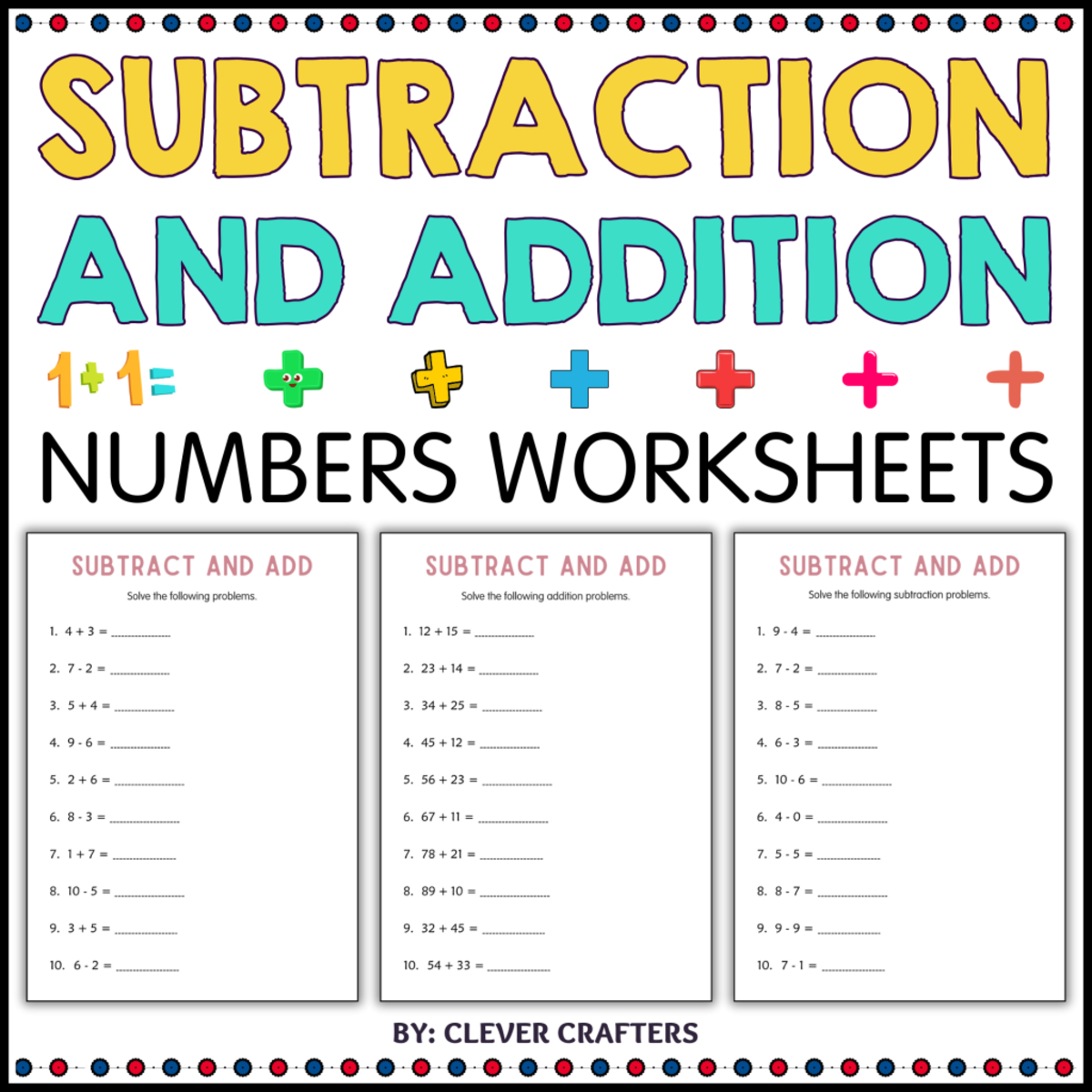 An educational teaching resource from Clever Crafters entitled Addition and Subtraction With Regrouping Number Math Worksheets downloadable at Teach Simple.