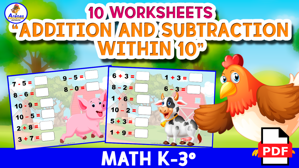 An educational teaching resource from EDITORIAL LAURA EDUCA entitled ADDITION AND SUBTRACTION WITHIN 10 - Ten Worksheets - FARM Theme downloadable at Teach Simple.