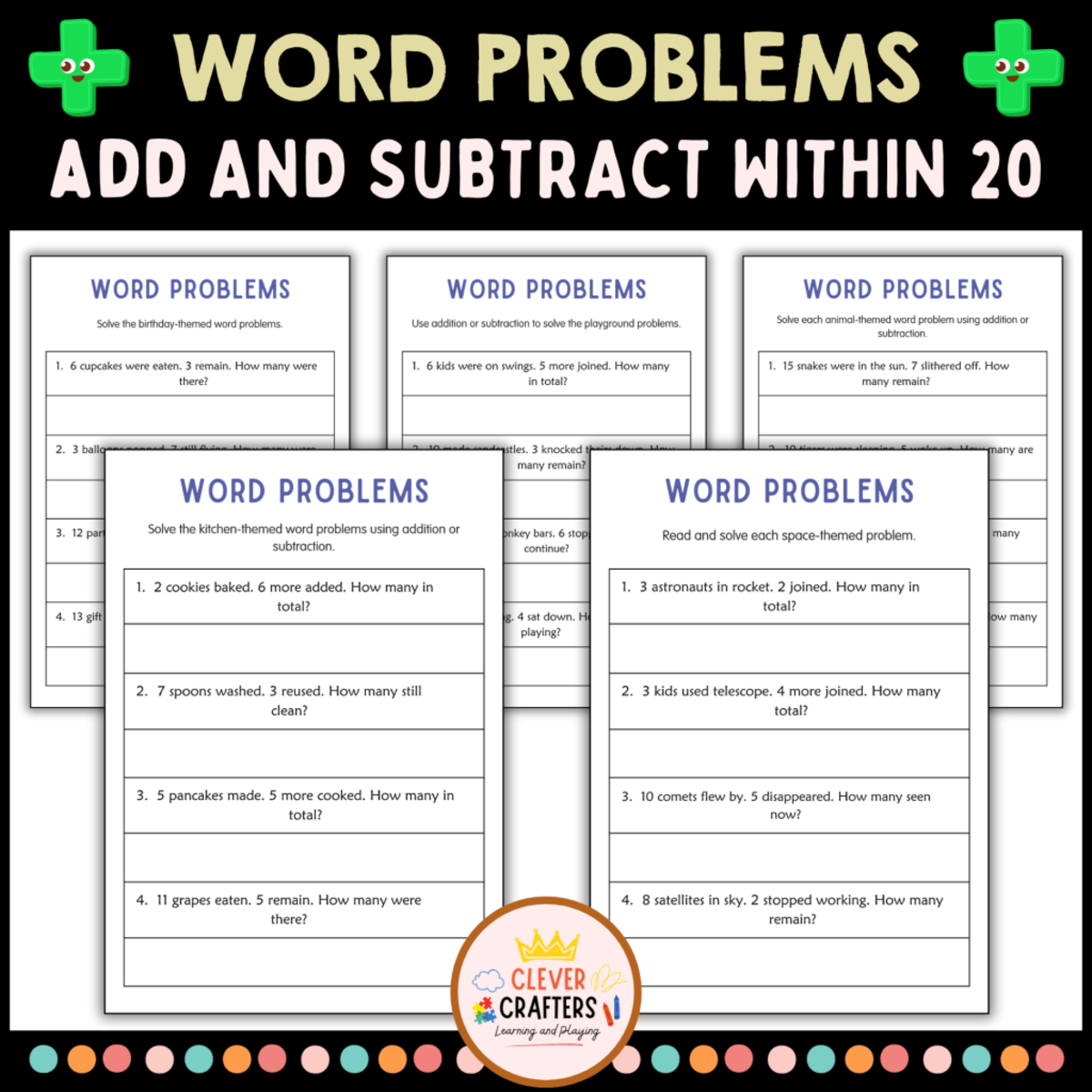 An educational teaching resource from Clever Crafters entitled Addition and Subtraction Word Problems Within 20 Worksheets downloadable at Teach Simple.