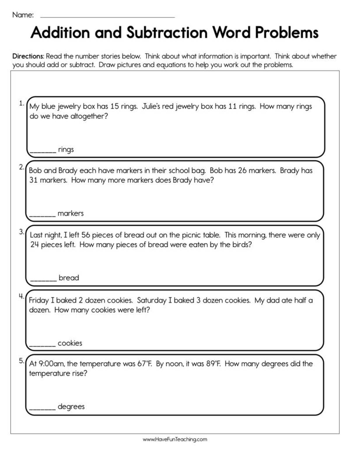 An educational teaching resource from Have Fun Teaching entitled Addition and Subtraction Word Problems Worksheet downloadable at Teach Simple.