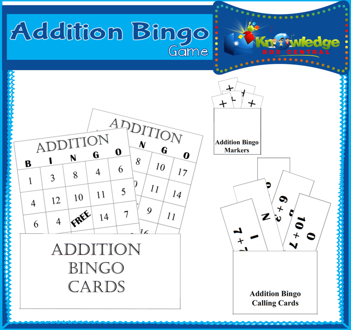 An educational teaching resource from Knowledge Box Central entitled Addition Bingo Game - EBOOK downloadable at Teach Simple.