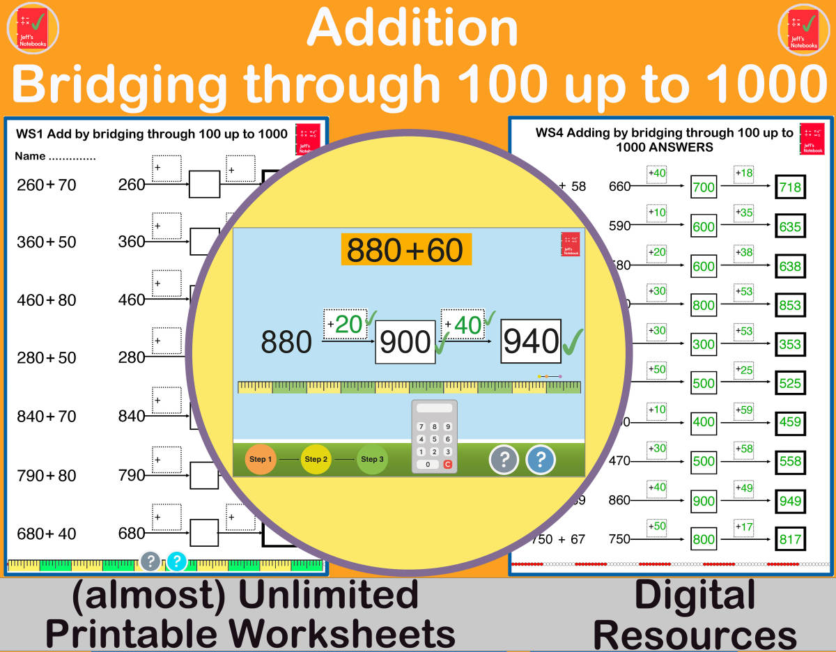 An educational teaching resource from Jeff's Notebooks entitled Addition by bridging through 100 up to 1000 - A Mental Strategy downloadable at Teach Simple.