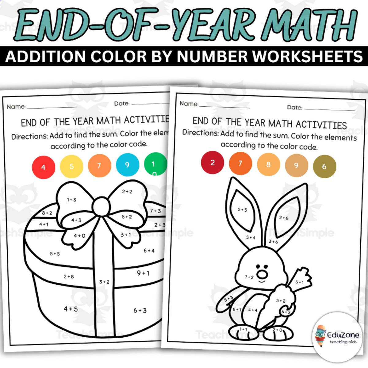 An educational teaching resource from Style Your Classroom entitled Addition Color by Number Worksheets: End-of-Year Math Activities downloadable at Teach Simple.