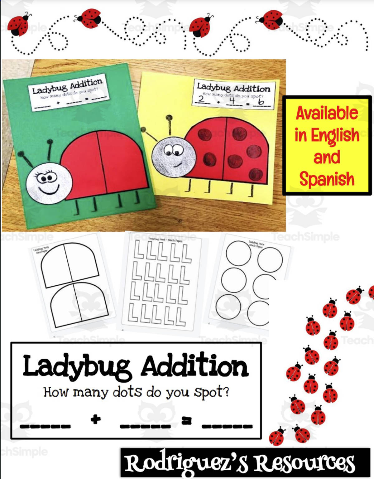 An educational teaching resource from Rodriguez's Resources entitled Addition Craftivity - Ladybug (English and Spanish) downloadable at Teach Simple.