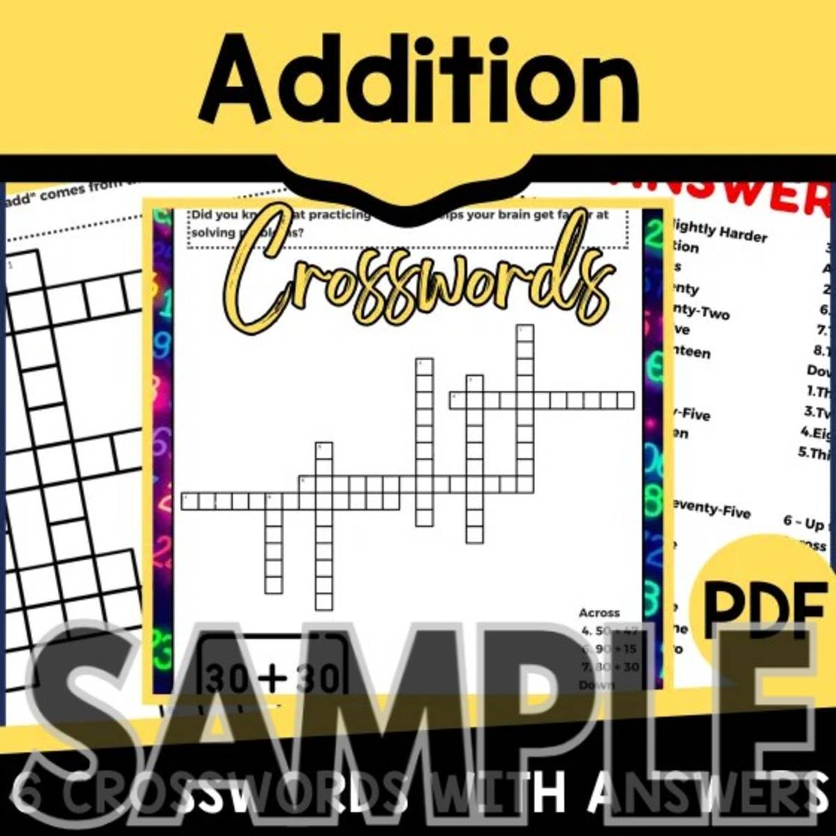 An educational teaching resource from Cored Education entitled Addition Crossword: 1 Page Sample (PDF) downloadable at Teach Simple.