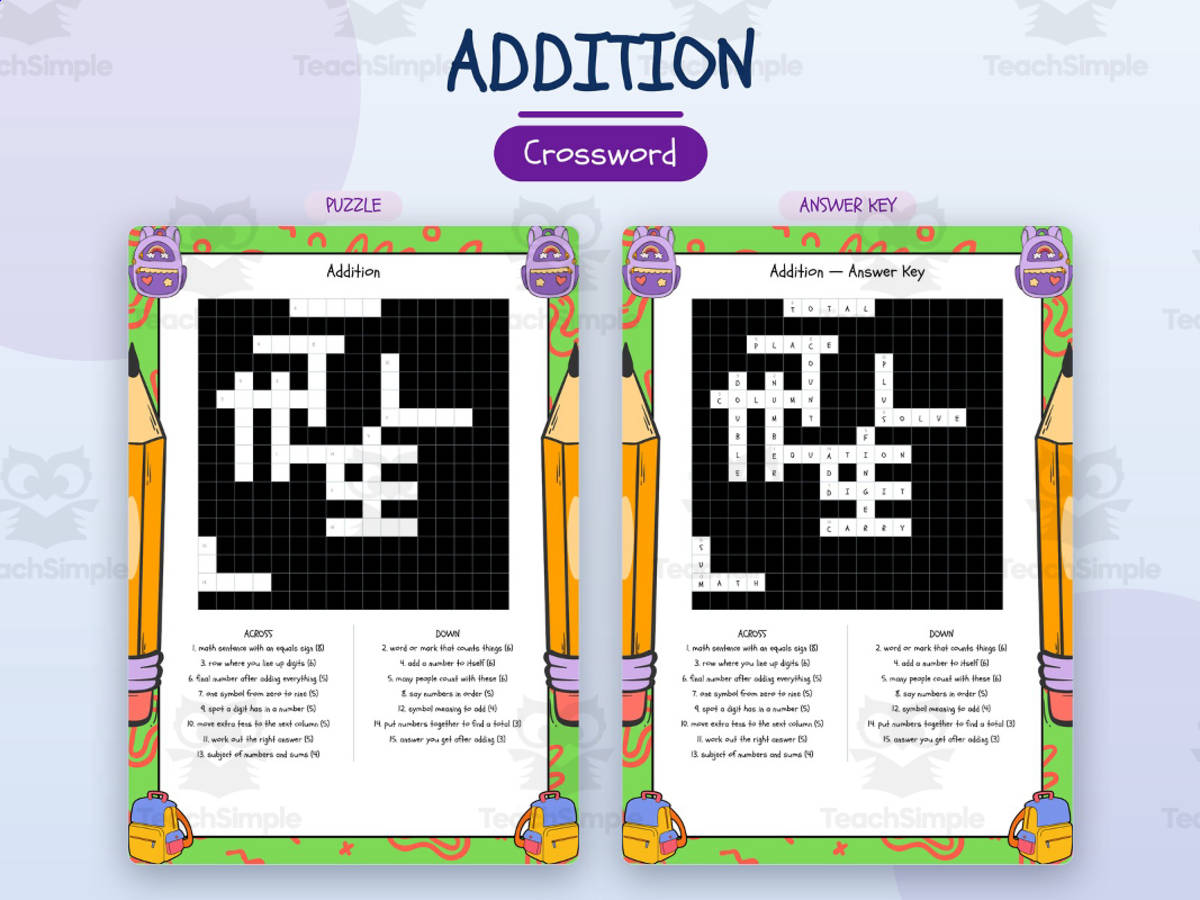 Addition Crossword Printable | Vocabulary Worksheet preview