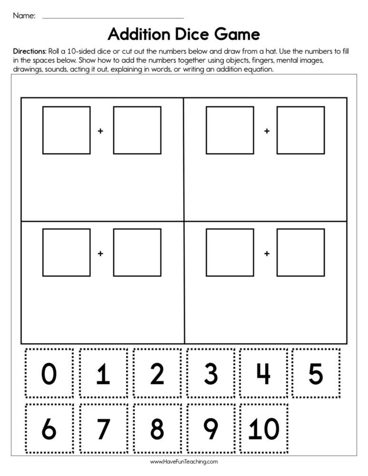 An educational teaching resource from Have Fun Teaching entitled Addition Dice Game Worksheet downloadable at Teach Simple.