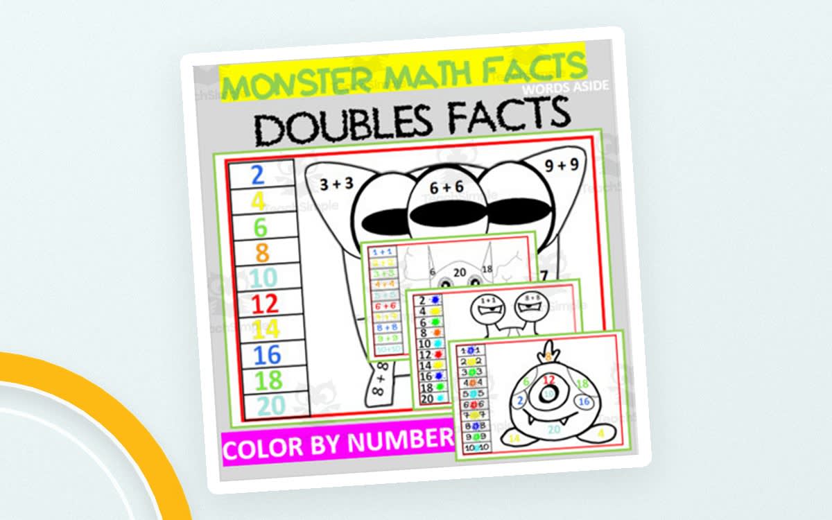 An educational teaching resource from WORDS ASIDE entitled Addition Doubles Facts | Colour by Number | Monsters downloadable at Teach Simple.