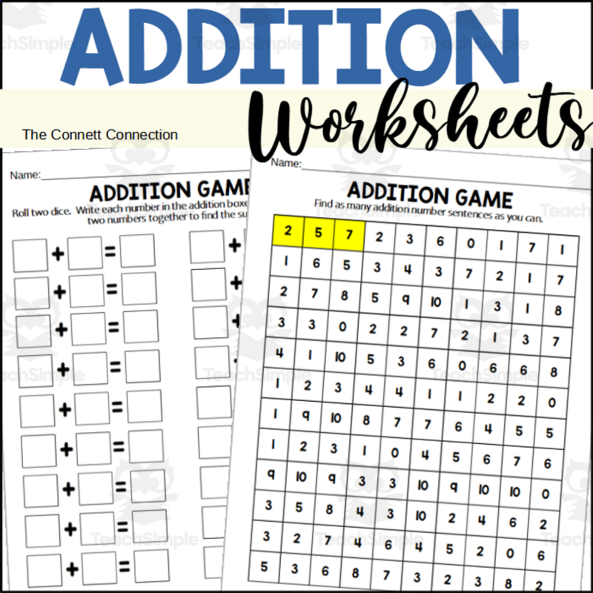 An educational teaching resource from The Connett Connection entitled Addition Games downloadable at Teach Simple.