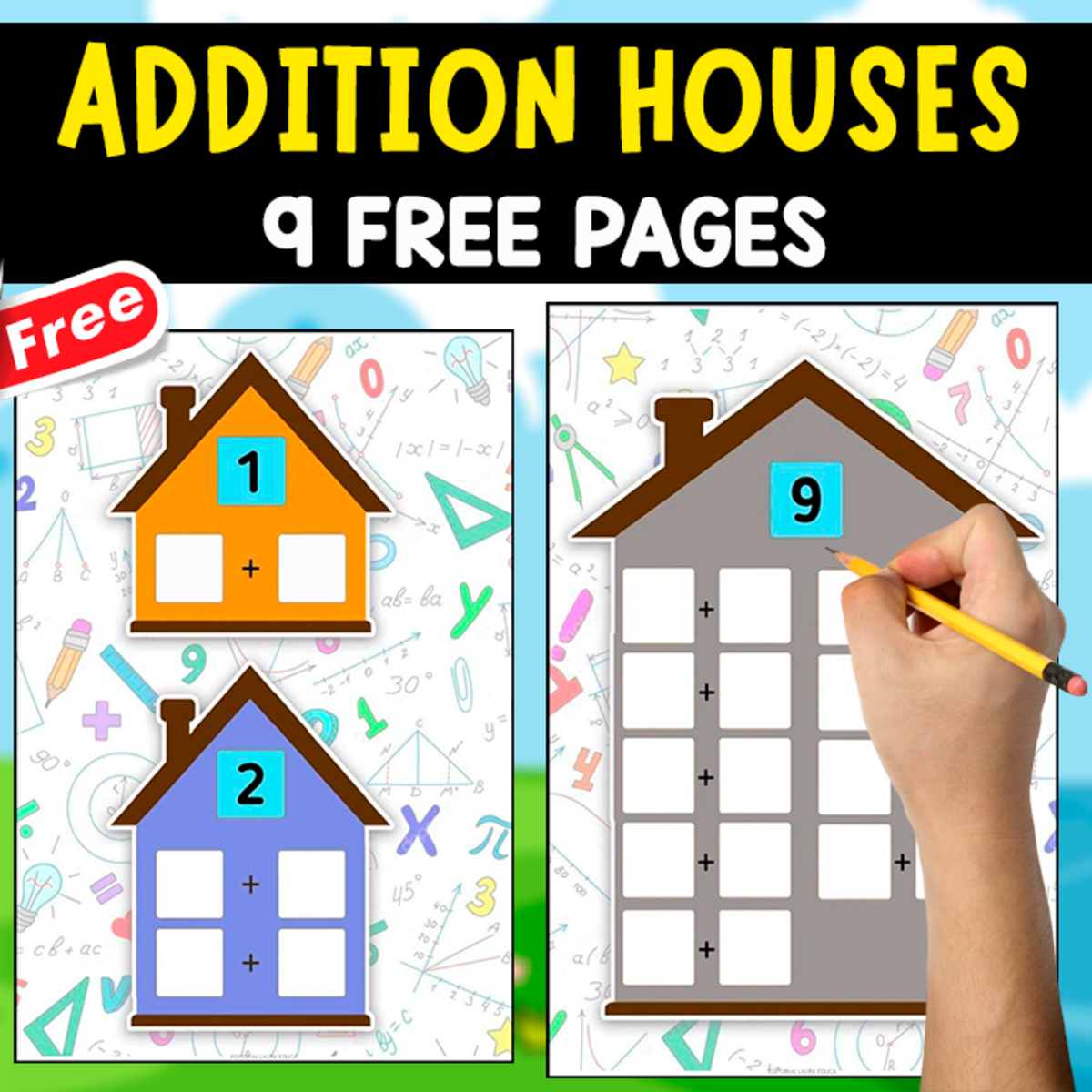 An educational teaching resource from EDITORIAL LAURA EDUCA entitled ADDITION HOUSES | 9 FREE POSTERS downloadable at Teach Simple.