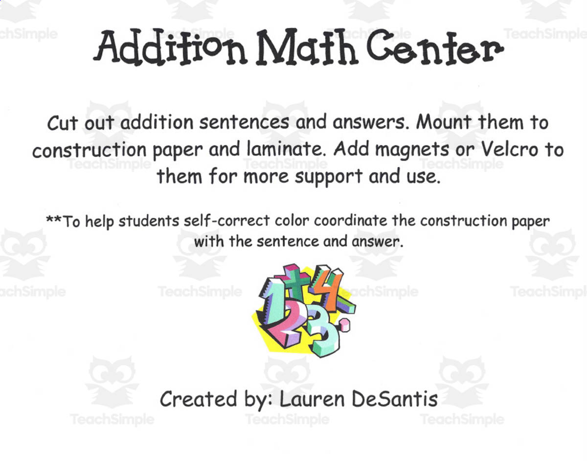 An educational teaching resource from Lauren DeSantis entitled Addition Math Center downloadable at Teach Simple.