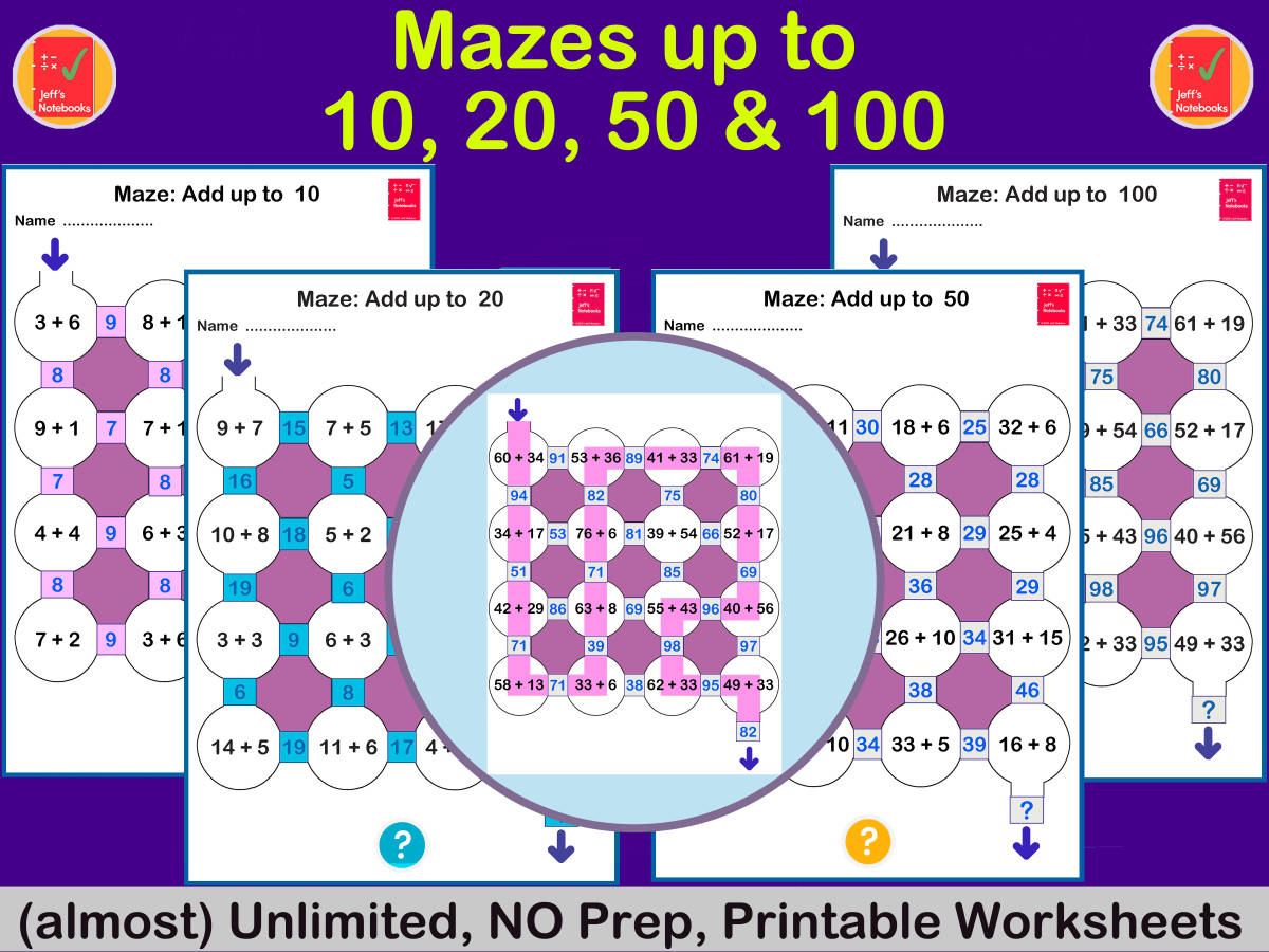 An educational teaching resource from Jeff's Notebooks entitled Addition Mazes up to 10, 20 50 & 100 - (almost) Unlimited Worksheets downloadable at Teach Simple.