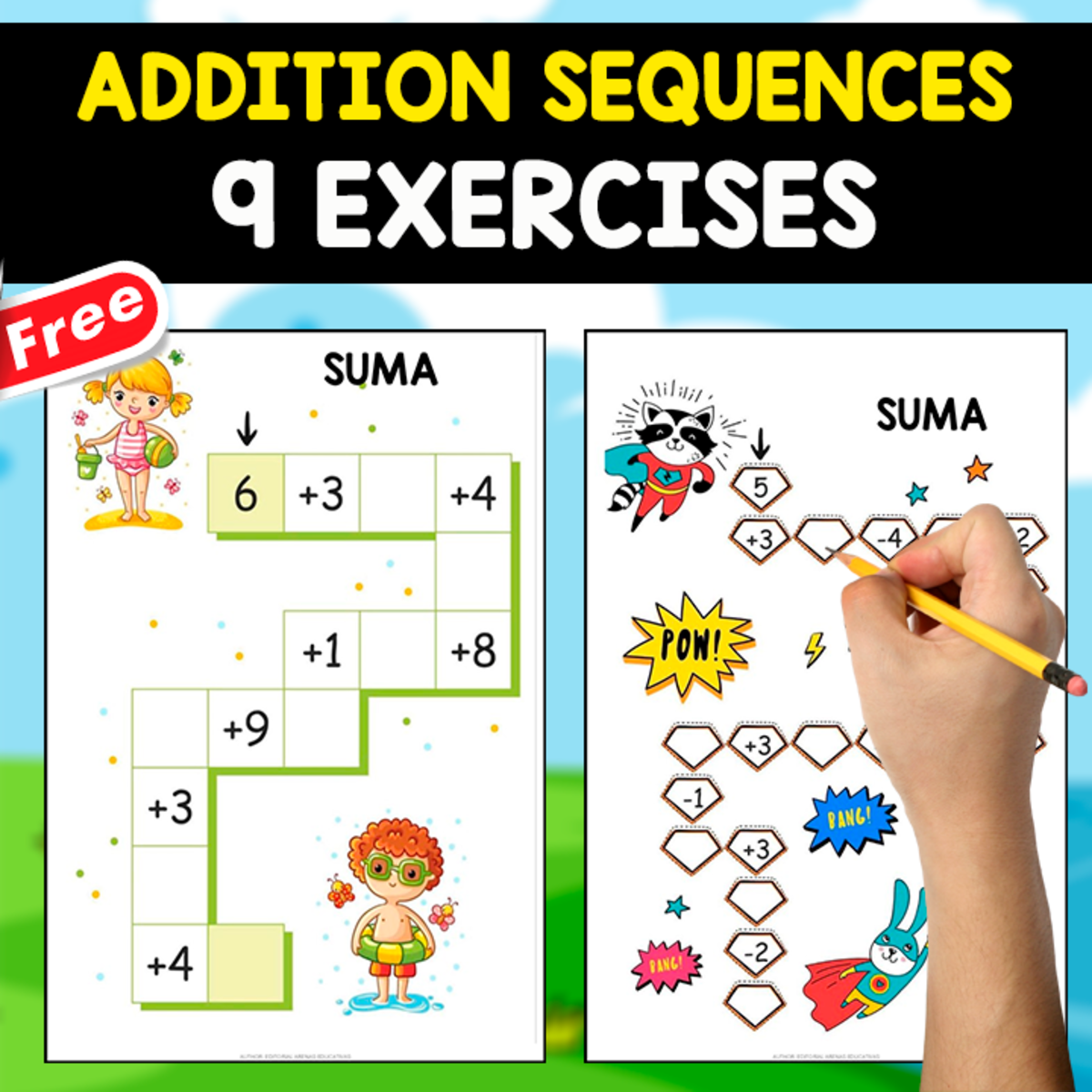 An educational teaching resource from EDITORIAL LAURA EDUCA entitled ADDITION SEQUENCE EXERCISES | 9 FREE WORKSHEETS IN SPANISH downloadable at Teach Simple.