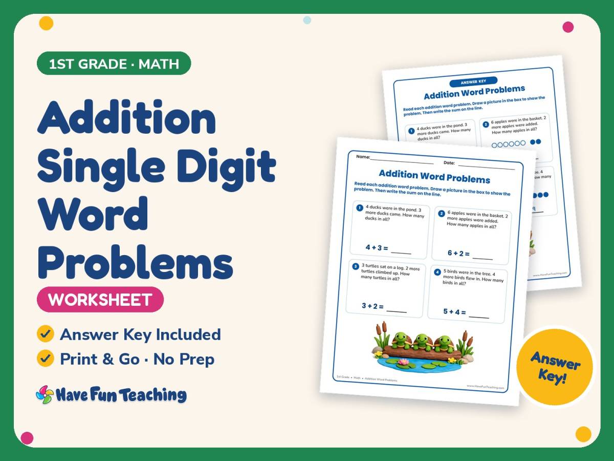 Addition Single Digit Word Problems Worksheet – 1st Grade Math preview