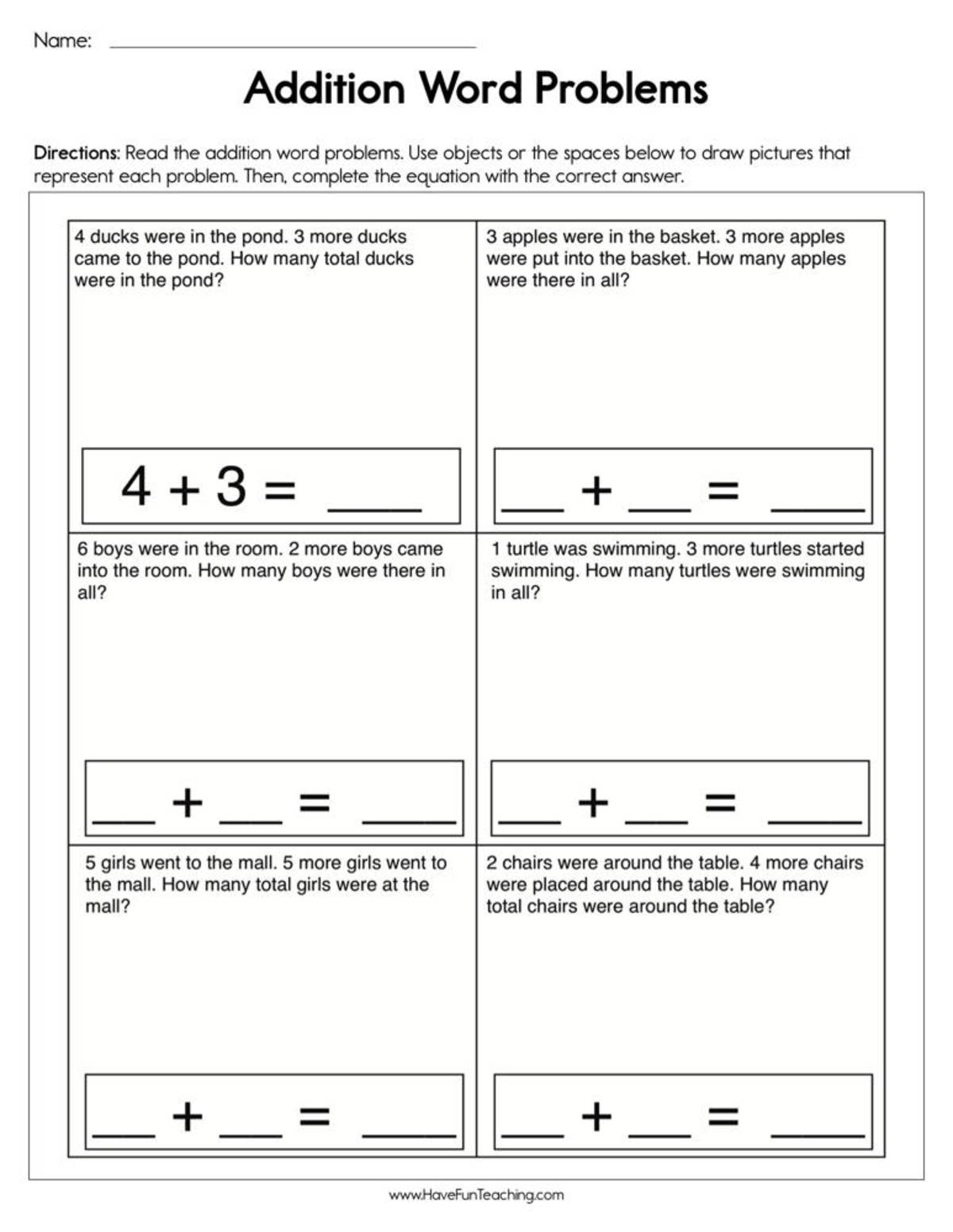 An educational teaching resource from Have Fun Teaching entitled Addition Single Digit Word Problems Worksheet downloadable at Teach Simple.