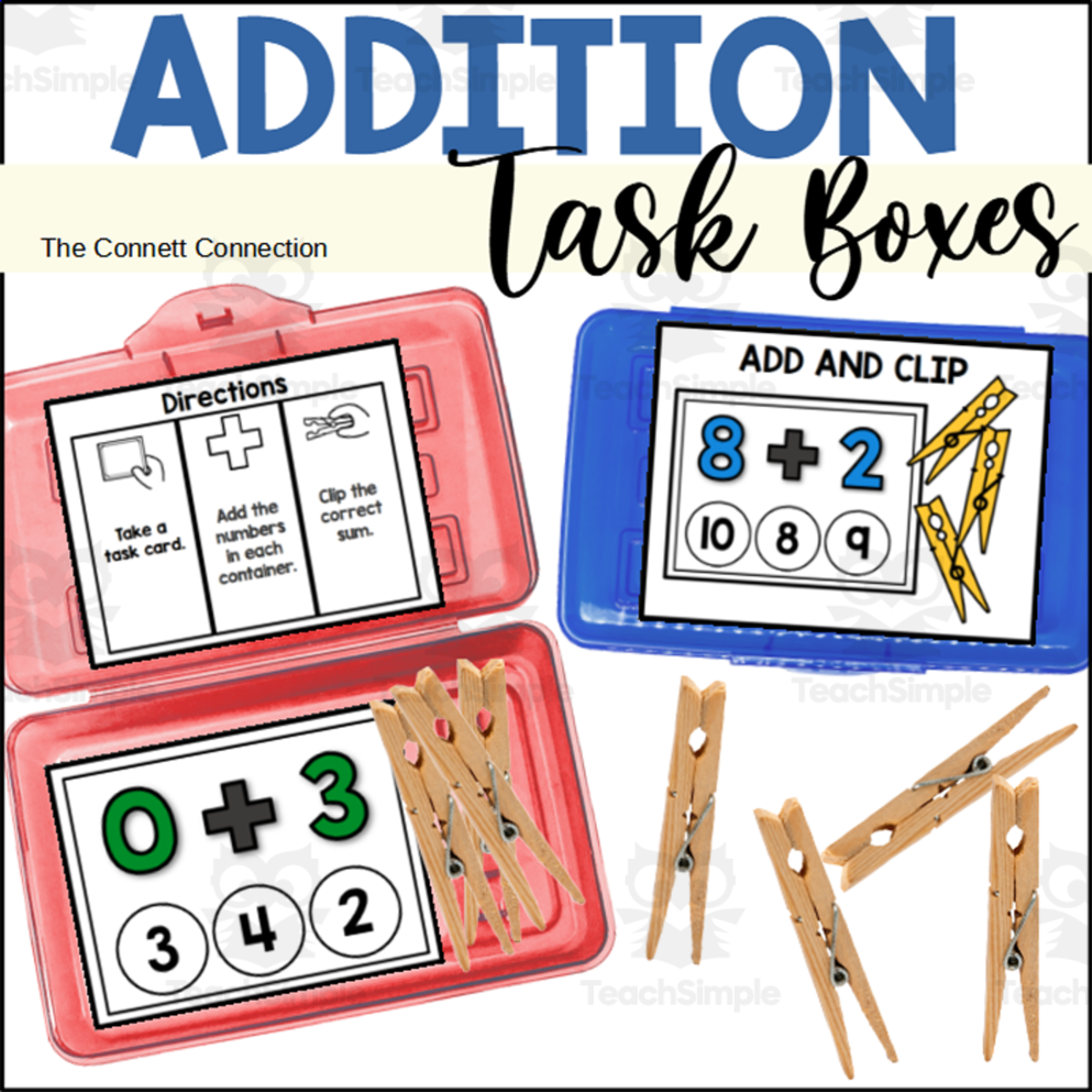 An educational teaching resource from The Connett Connection entitled Addition Task Boxes for Addition within 10 downloadable at Teach Simple.