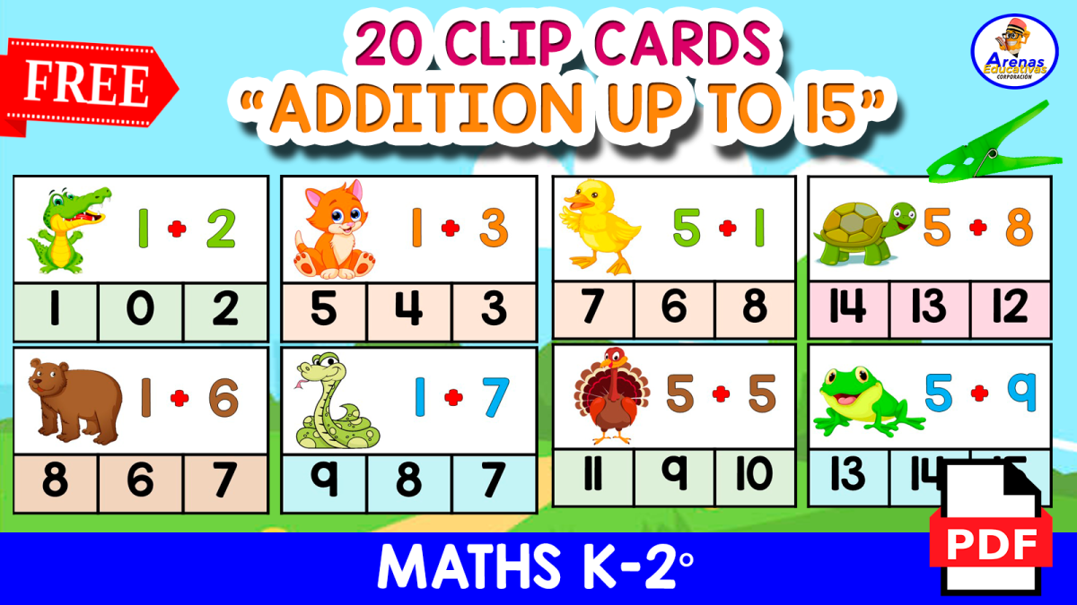 An educational teaching resource from EDITORIAL LAURA EDUCA entitled ADDITION UP TO 15 | Clip Cards downloadable at Teach Simple.