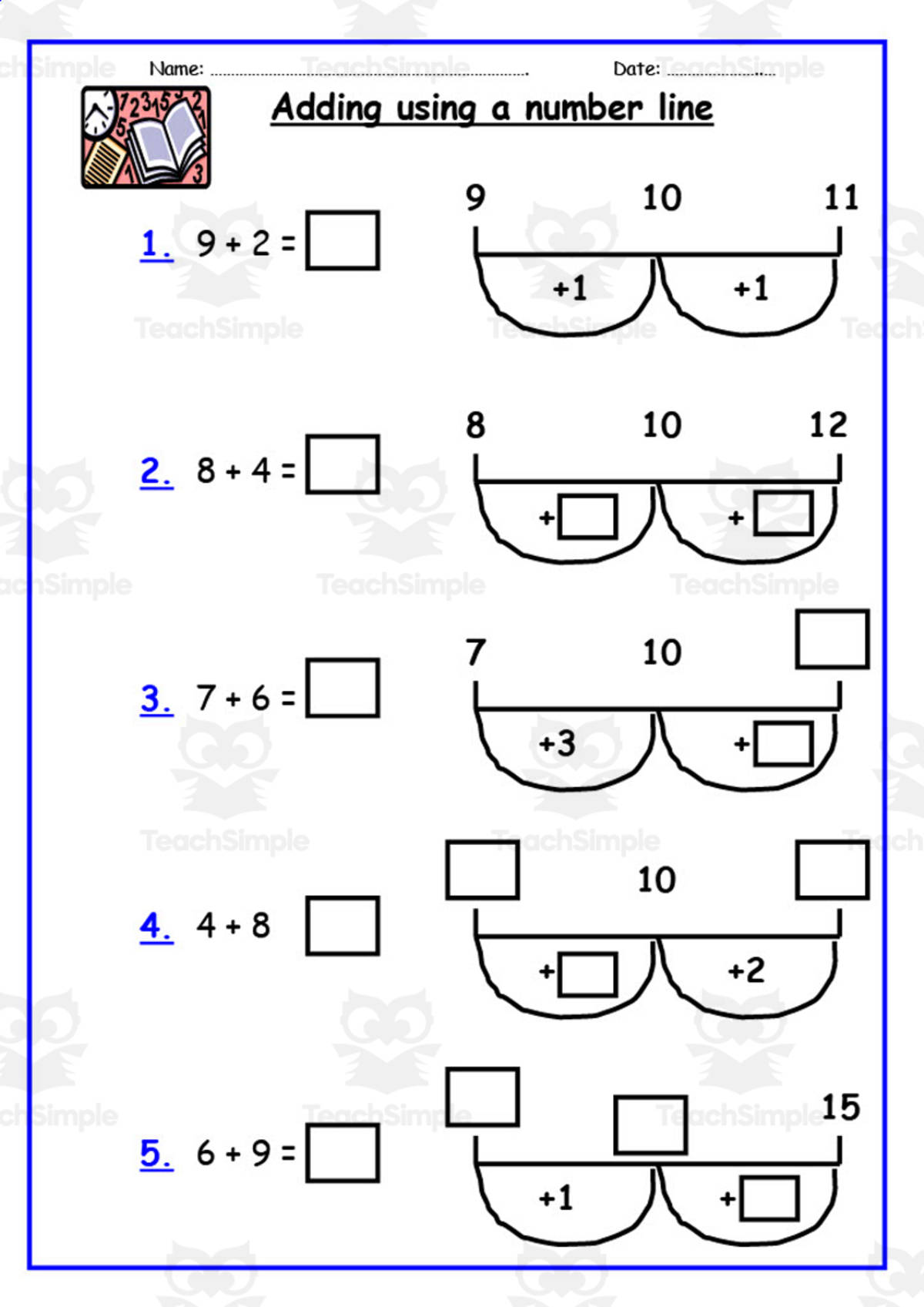 An educational teaching resource from Elementary Resources 4 U entitled Addition Using a Number Line downloadable at Teach Simple.